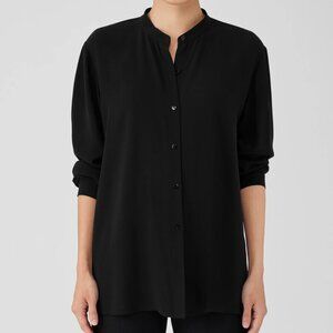 Eileen Fisher Silk Georgette Crepe Button Front Shirt - Black - XS
